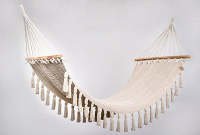 Boho Natural Cotton Hammock with Tassels (Wooden Bar)