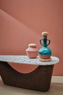 Round Terracotta Clay and Cork Vases, with Handles