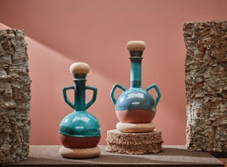 Round Terracotta Clay and Cork Vases, with Handles