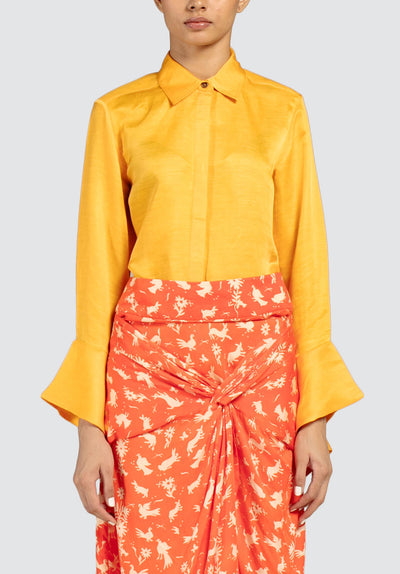 Jodhpur Linen Shirt With Draped Cuff | Mustard