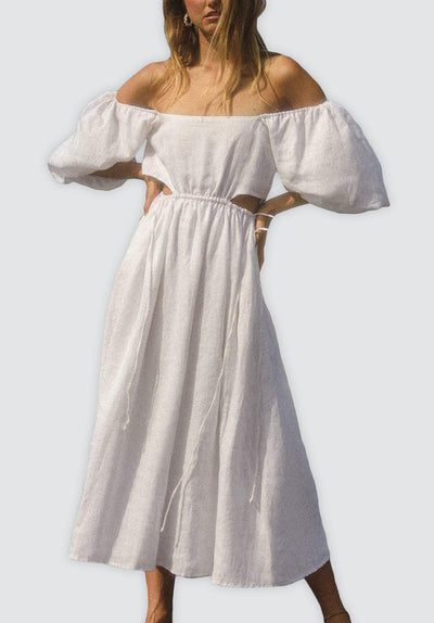 LAUREN Linen Dress With Puff Sleeves