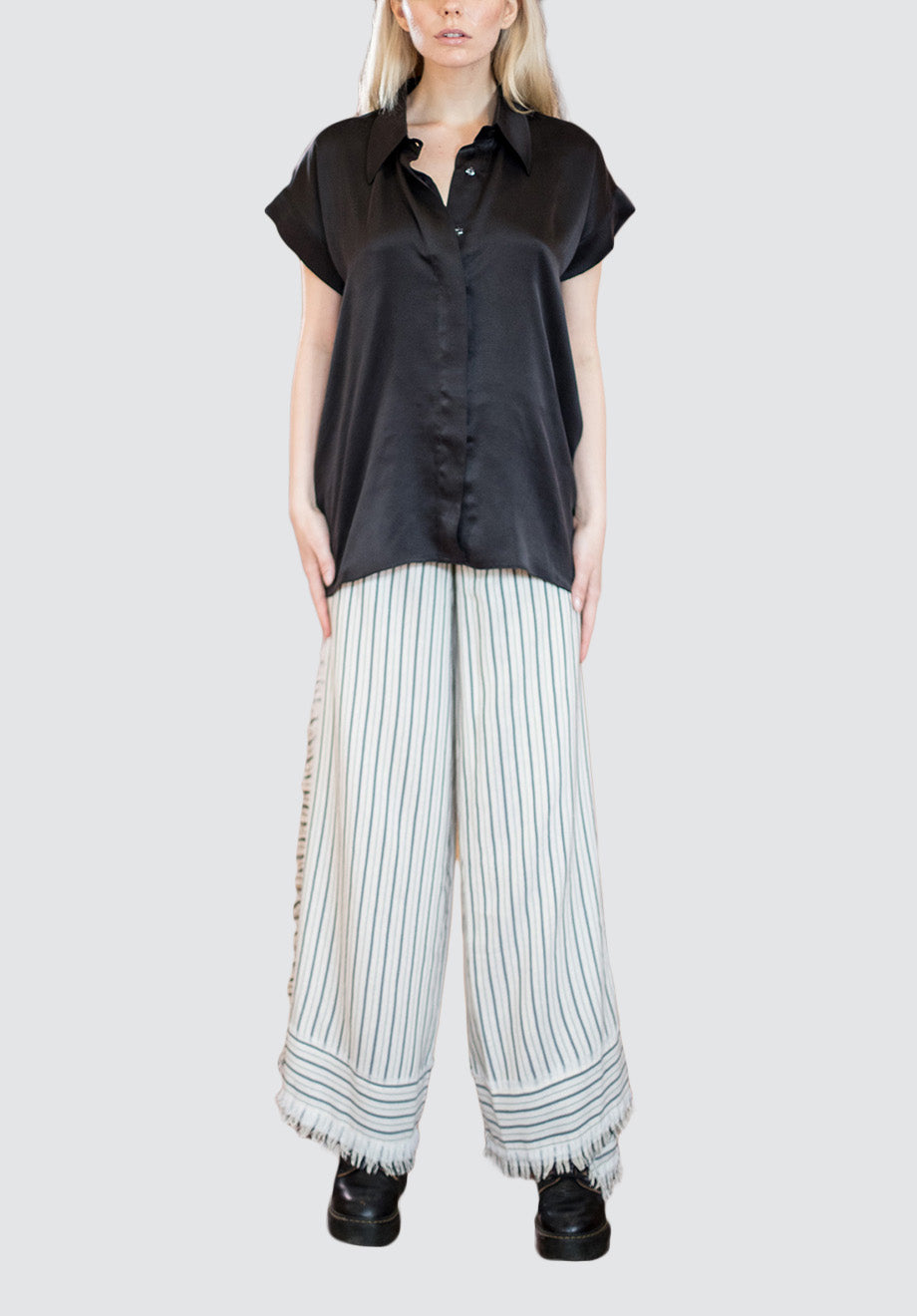 Black Stripe Tie Waist Wrap Pants